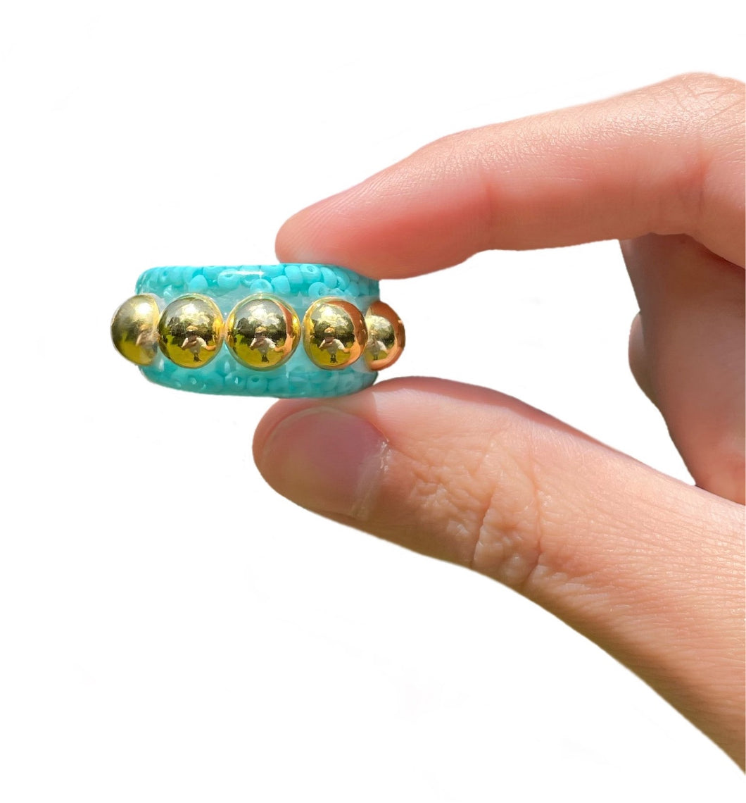 Aqua blue gold bead ring