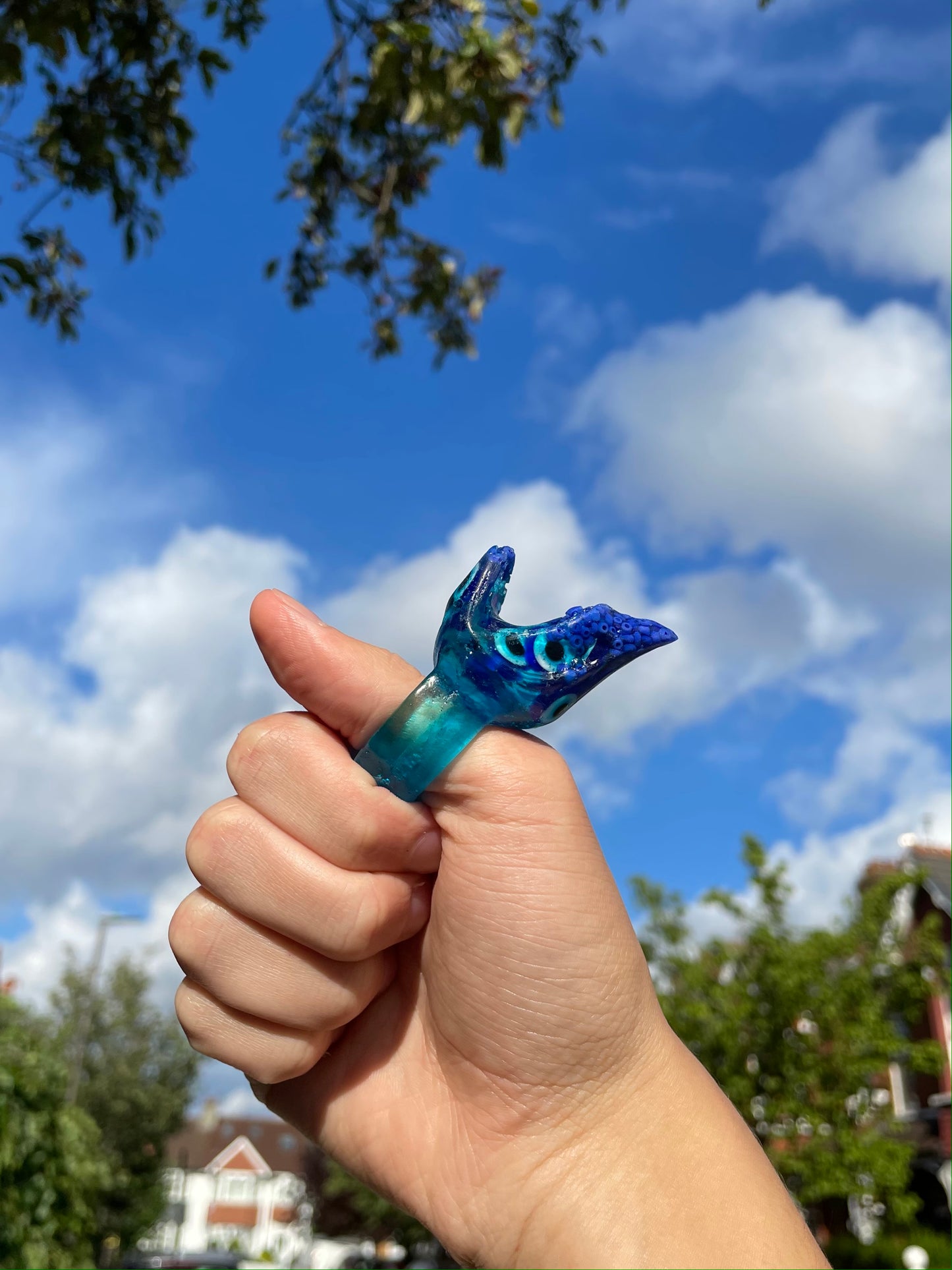 Ocean blue evil eye shark head ring