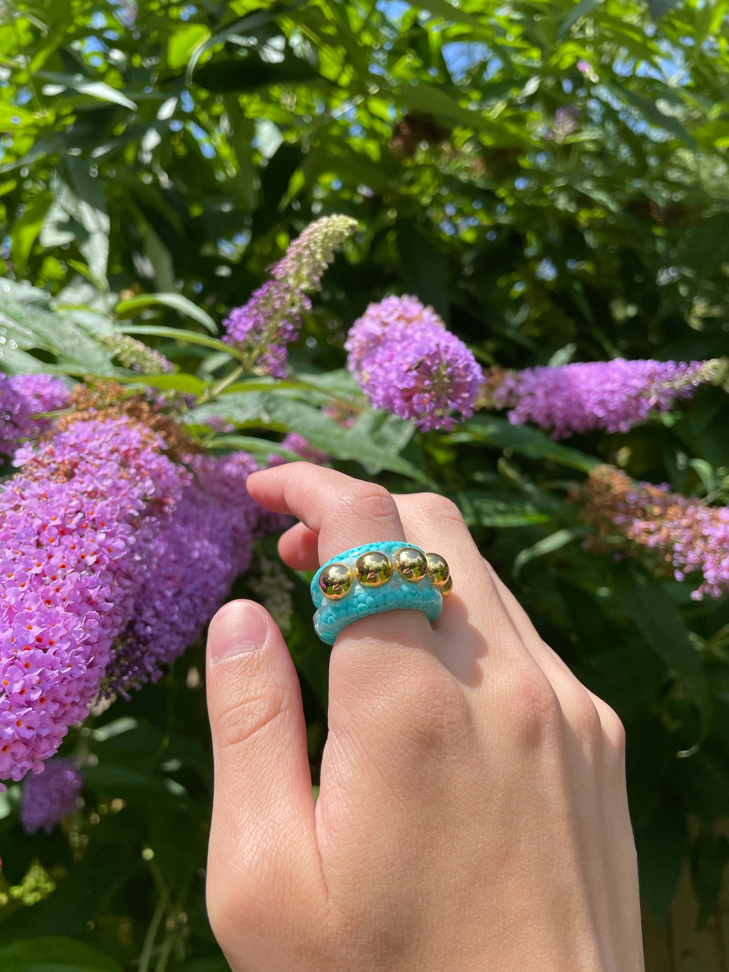 Aqua blue gold bead ring