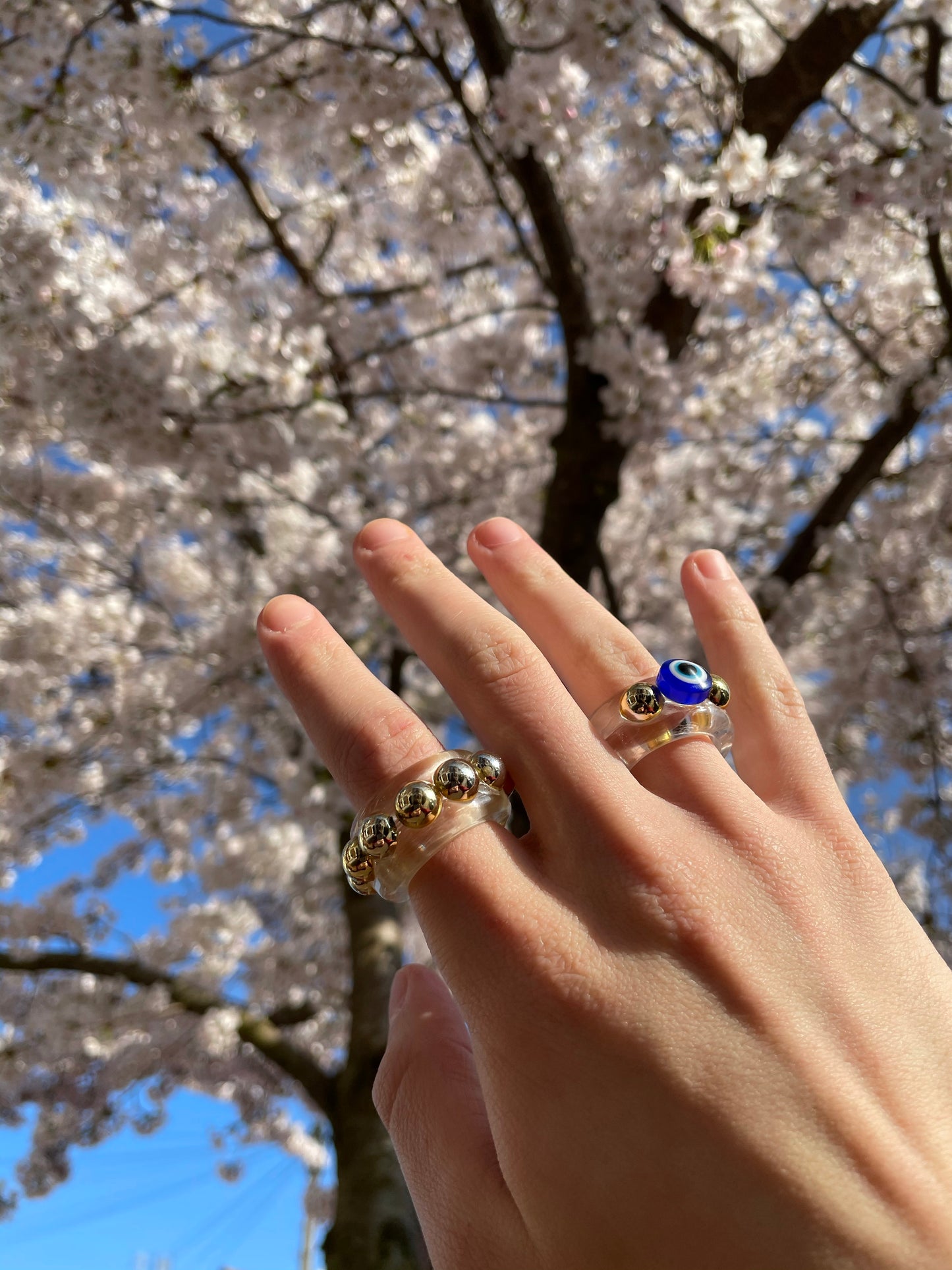Evil eye and gold bead ring set
