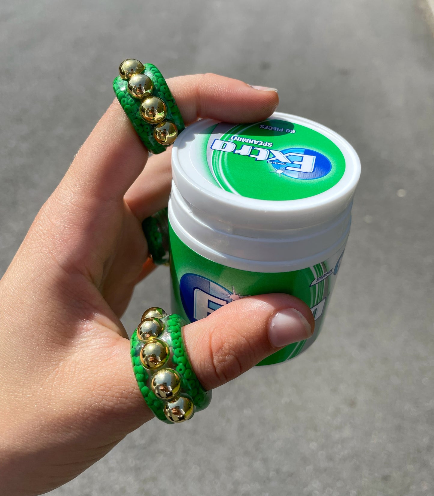 Green dotted gold bead ring set