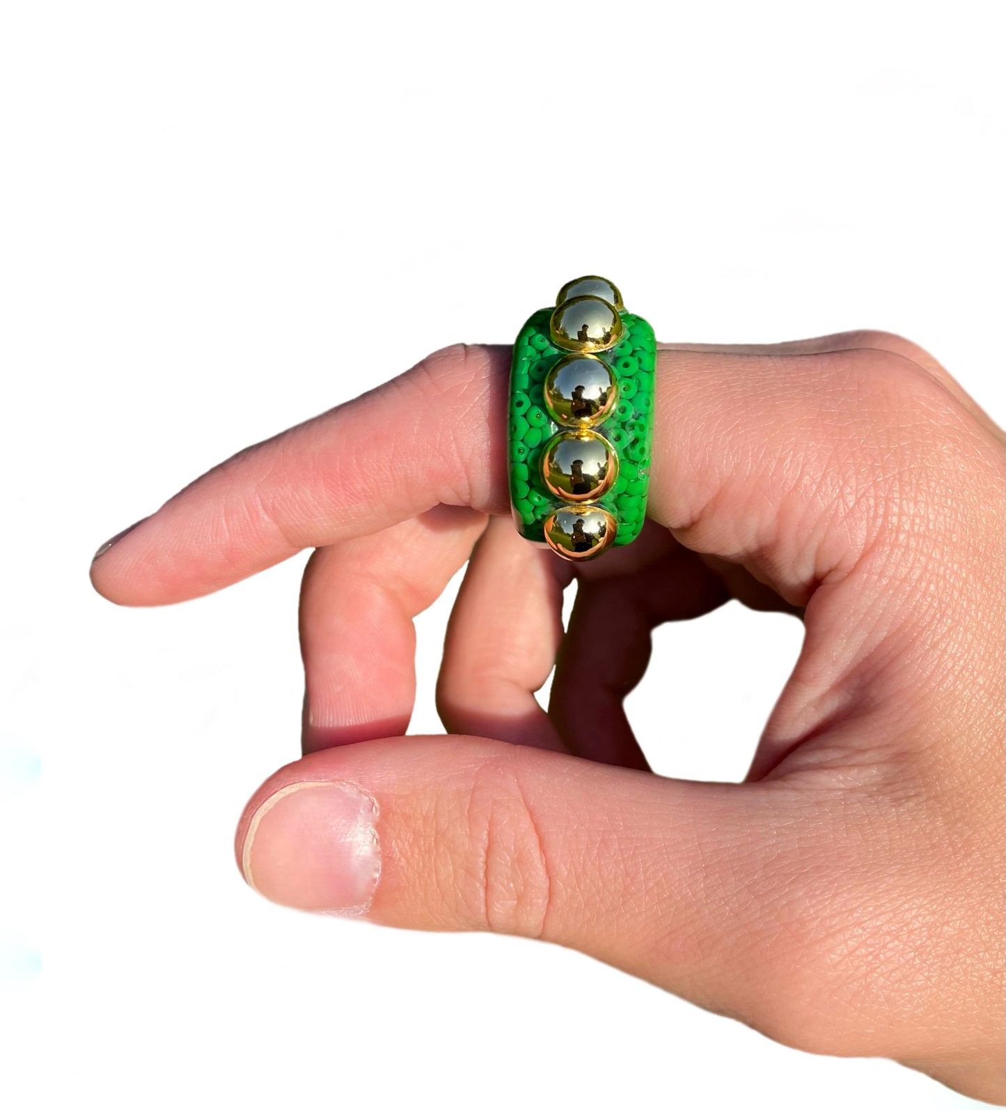 Green dotted gold bead ring
